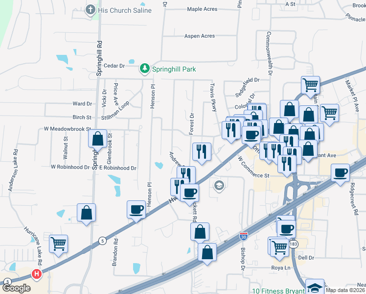 map of restaurants, bars, coffee shops, grocery stores, and more near 1612 Waldron Cove in Bryant
