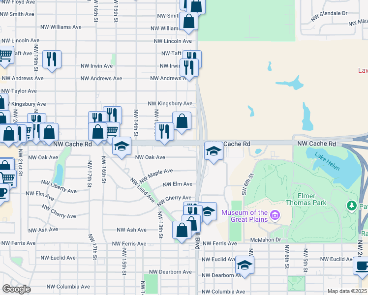 map of restaurants, bars, coffee shops, grocery stores, and more near 1106 Northwest Cache Road in Lawton