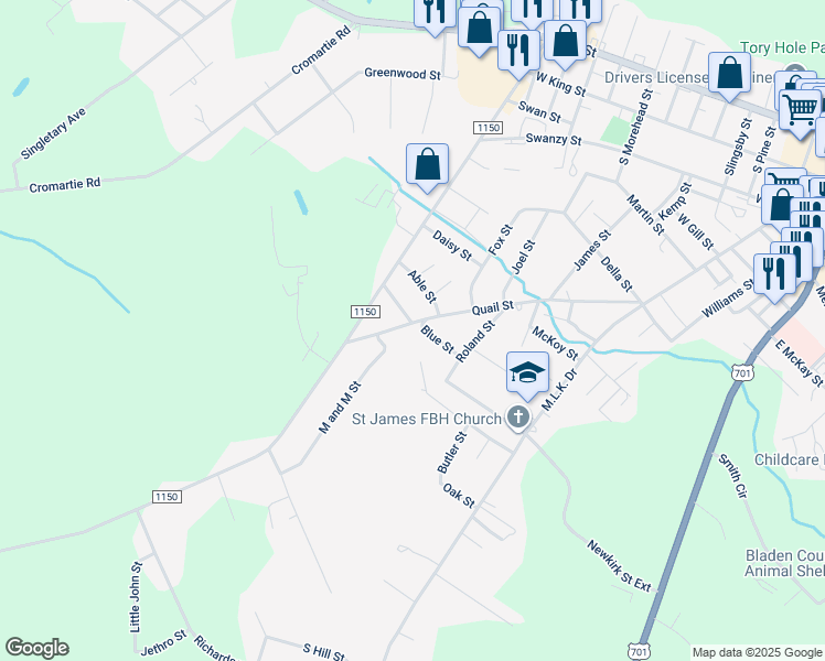 map of restaurants, bars, coffee shops, grocery stores, and more near 1103 Quail Street in Elizabethtown