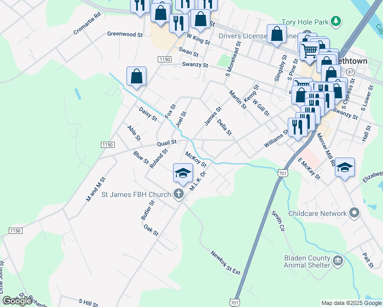 map of restaurants, bars, coffee shops, grocery stores, and more near 322 McKoy Street in Elizabethtown