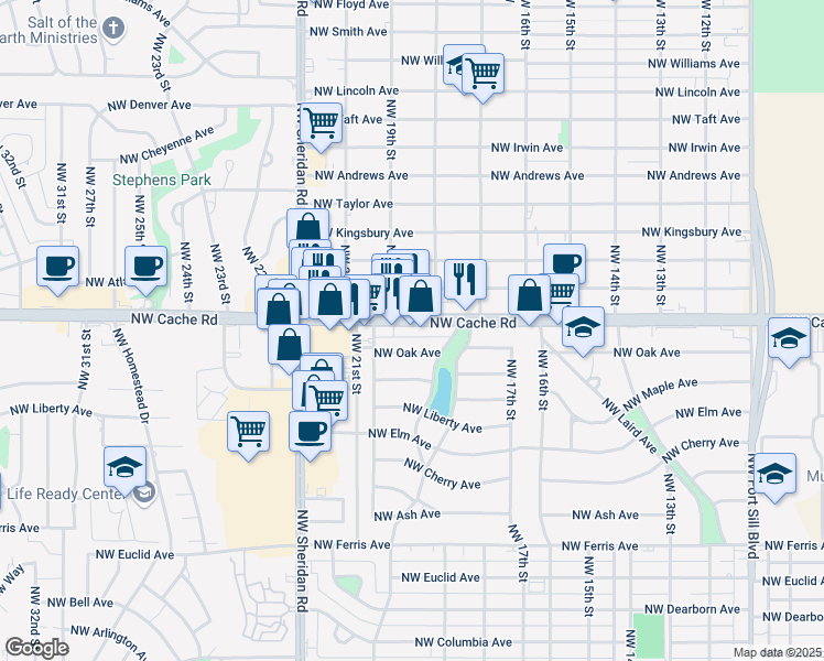 map of restaurants, bars, coffee shops, grocery stores, and more near 1916 Northwest Cache Road in Lawton