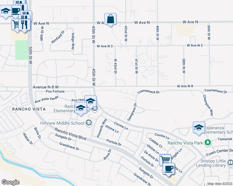 map of restaurants, bars, coffee shops, grocery stores, and more near 4314 Club Vista Drive in Palmdale