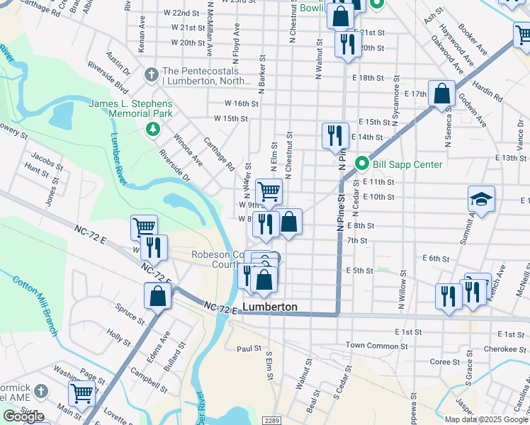 map of restaurants, bars, coffee shops, grocery stores, and more near 108 West 8th Street in Lumberton