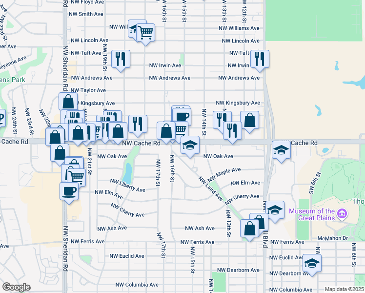 map of restaurants, bars, coffee shops, grocery stores, and more near 1224 Northwest Cache Road in Lawton