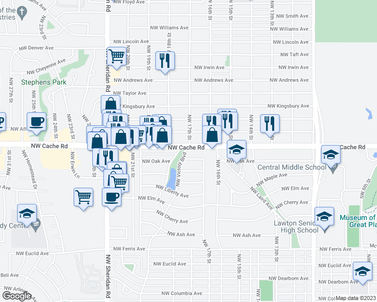 map of restaurants, bars, coffee shops, grocery stores, and more near 1722 Northwest Cache Road in Lawton