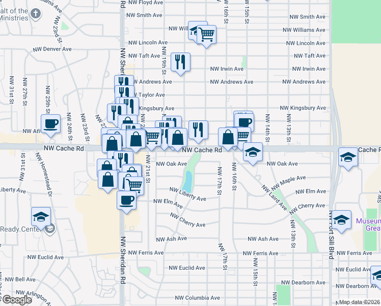 map of restaurants, bars, coffee shops, grocery stores, and more near 1902 NW Cache Rd in Lawton