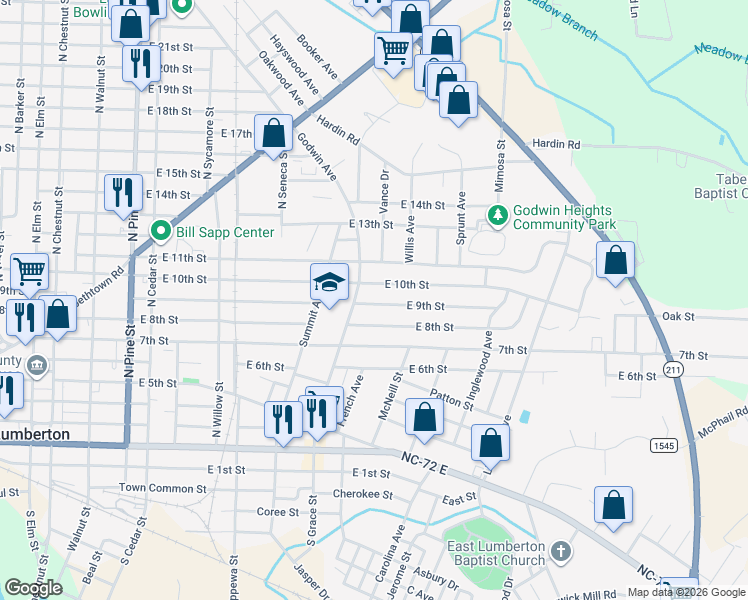 map of restaurants, bars, coffee shops, grocery stores, and more near 902 Godwin Avenue in Lumberton