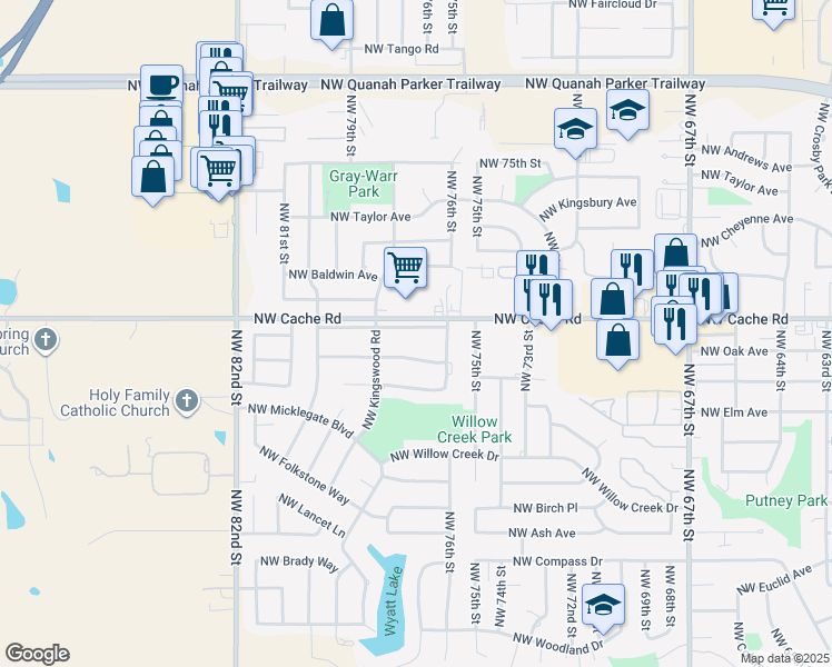 map of restaurants, bars, coffee shops, grocery stores, and more near 7506 Northwest Grensted Lane in Lawton