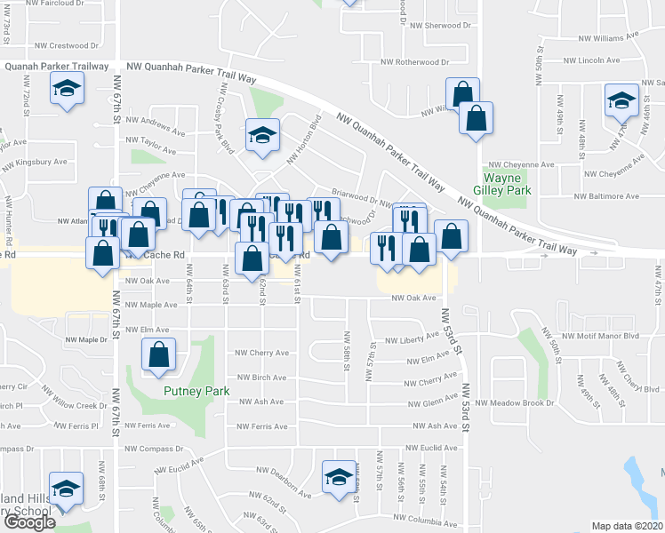 map of restaurants, bars, coffee shops, grocery stores, and more near 5374 Northwest Cache Road in Lawton