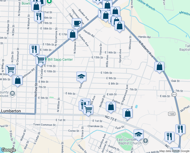 map of restaurants, bars, coffee shops, grocery stores, and more near 902 Godwin Avenue in Lumberton