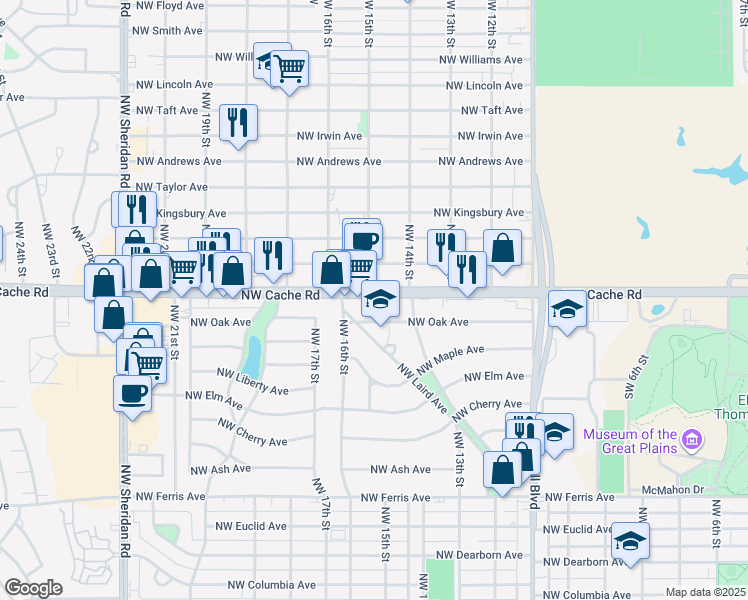 map of restaurants, bars, coffee shops, grocery stores, and more near 1224 Northwest Cache Road in Lawton