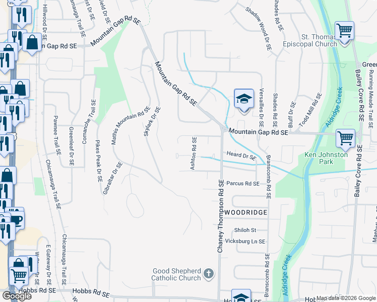map of restaurants, bars, coffee shops, grocery stores, and more near 12007 Ashton Road Southeast in Huntsville