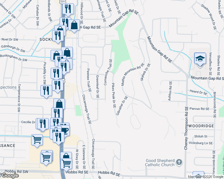 map of restaurants, bars, coffee shops, grocery stores, and more near 12117 Comanche Trail Southeast in Huntsville