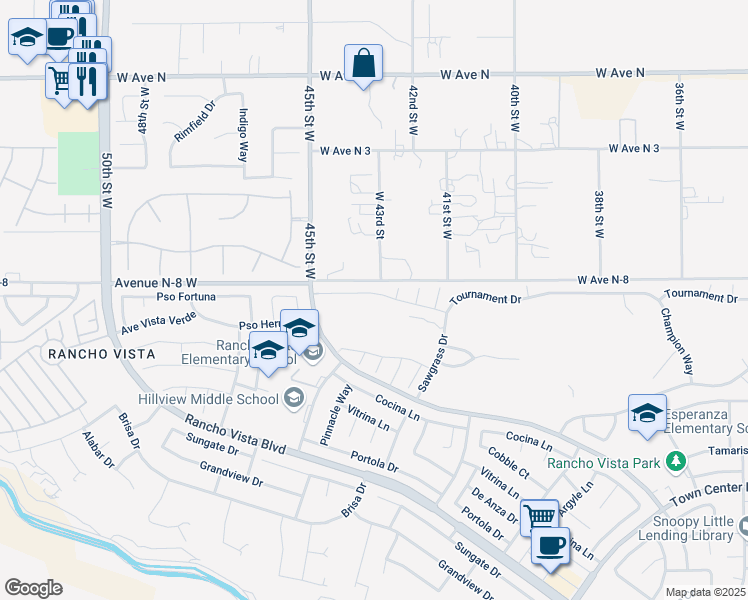 map of restaurants, bars, coffee shops, grocery stores, and more near 4314 Club Vista Drive in Palmdale