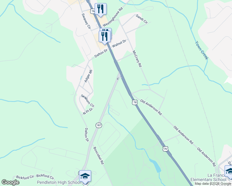map of restaurants, bars, coffee shops, grocery stores, and more near 7300 U.S. 76 in Pendleton