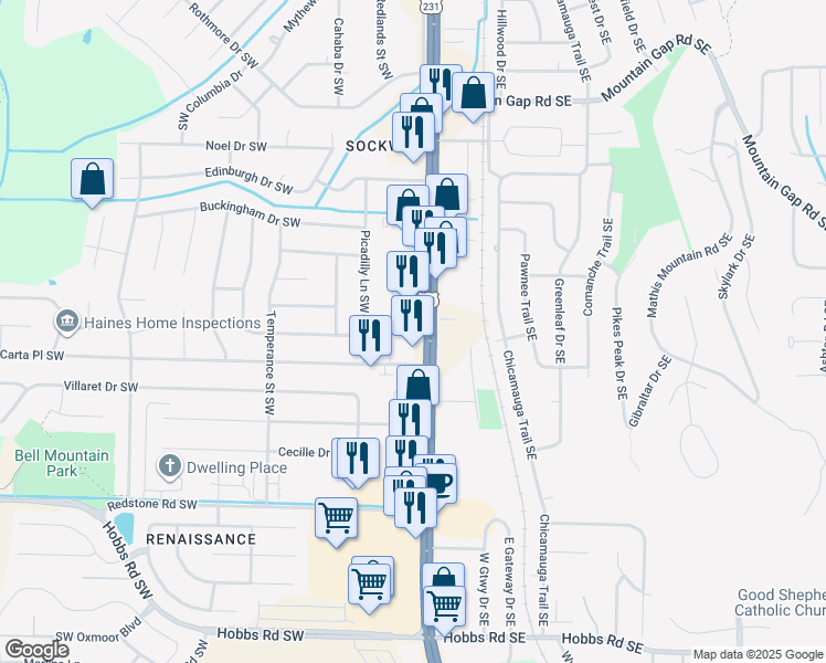 map of restaurants, bars, coffee shops, grocery stores, and more near 11234 Memorial Parkway Southwest in Huntsville