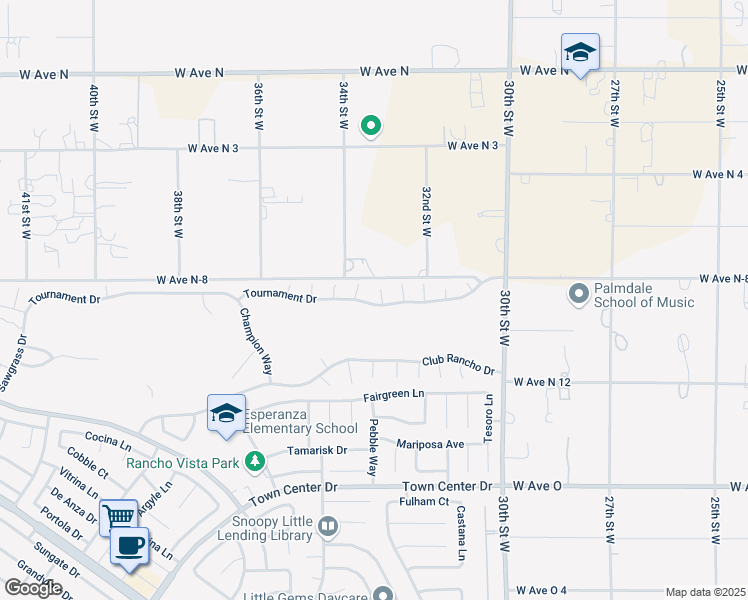 map of restaurants, bars, coffee shops, grocery stores, and more near 40729 Oakmont Court in Palmdale
