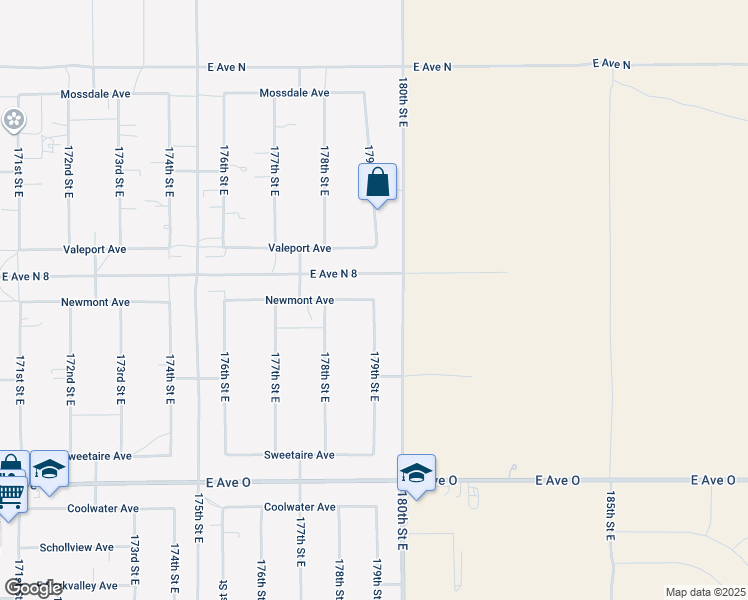map of restaurants, bars, coffee shops, grocery stores, and more near 179th Street East in Lancaster