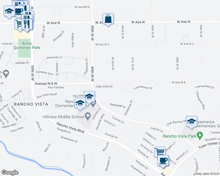 map of restaurants, bars, coffee shops, grocery stores, and more near 4314 Club Vista Drive in Palmdale