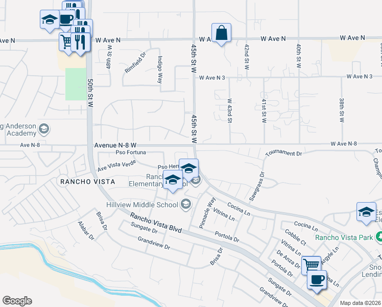 map of restaurants, bars, coffee shops, grocery stores, and more near Vía Valor in Palmdale