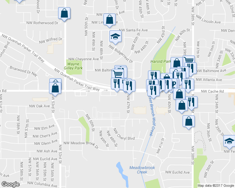 map of restaurants, bars, coffee shops, grocery stores, and more near 4712 Northwest Cache Road in Lawton