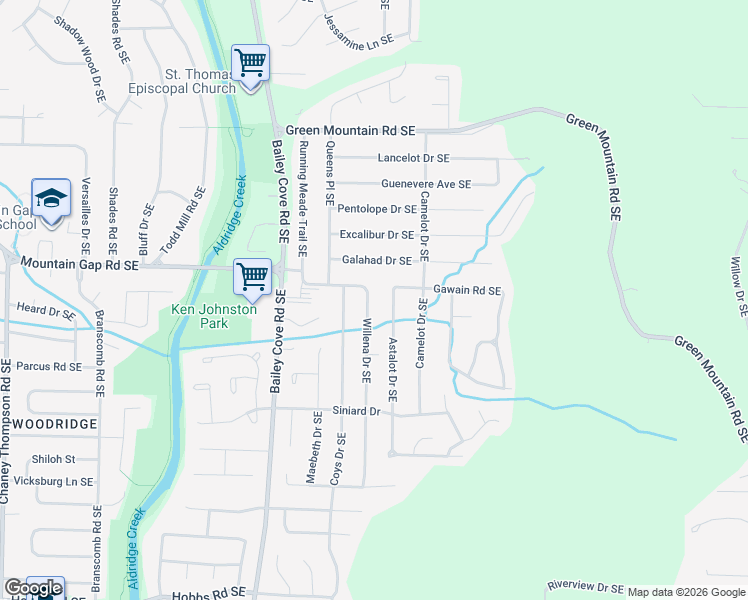 map of restaurants, bars, coffee shops, grocery stores, and more near 2515 Willena Drive Southeast in Huntsville