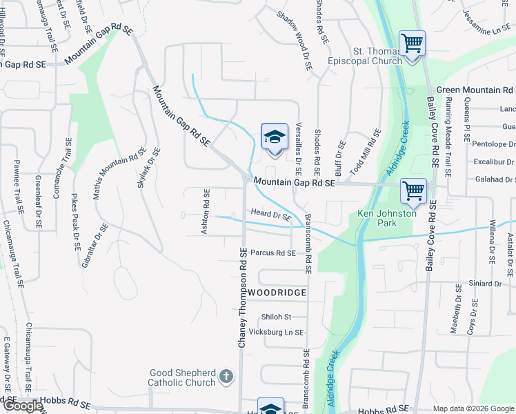 map of restaurants, bars, coffee shops, grocery stores, and more near 1003 Heard Court Southeast in Huntsville