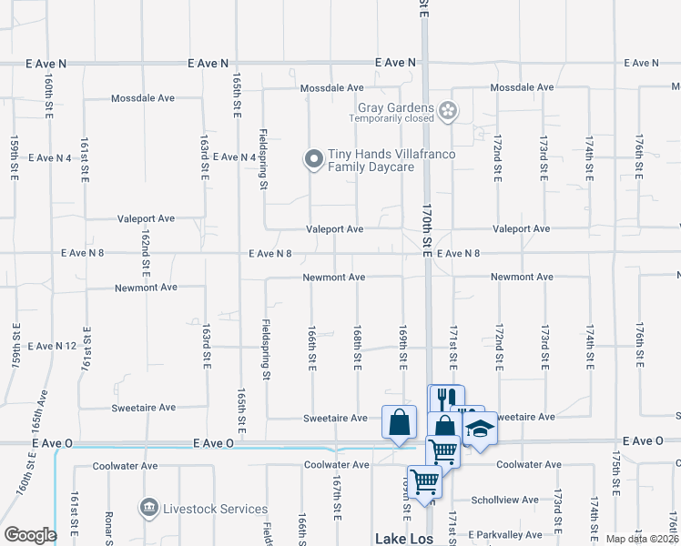 map of restaurants, bars, coffee shops, grocery stores, and more near 16707 Newmont Avenue in Lancaster