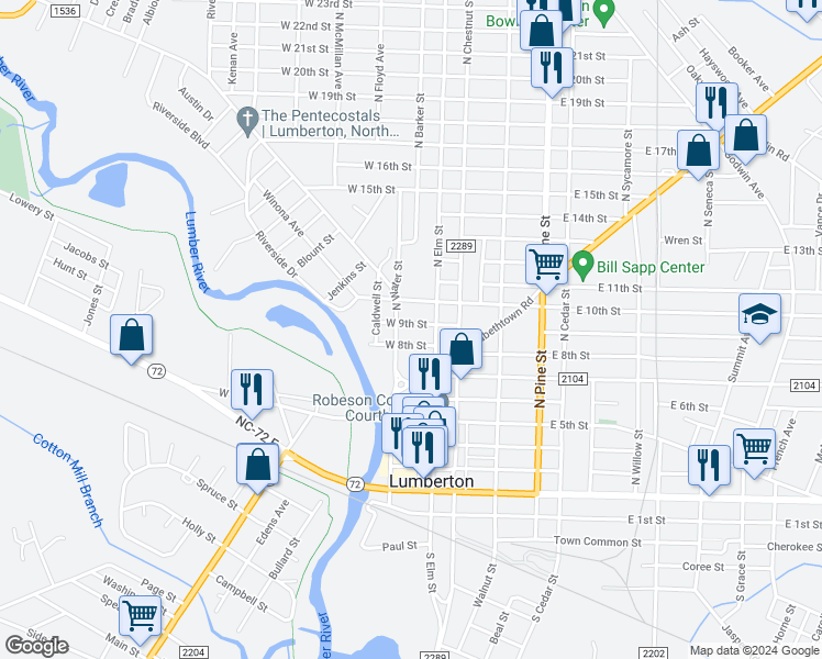 map of restaurants, bars, coffee shops, grocery stores, and more near 109 West 9th Street in Lumberton