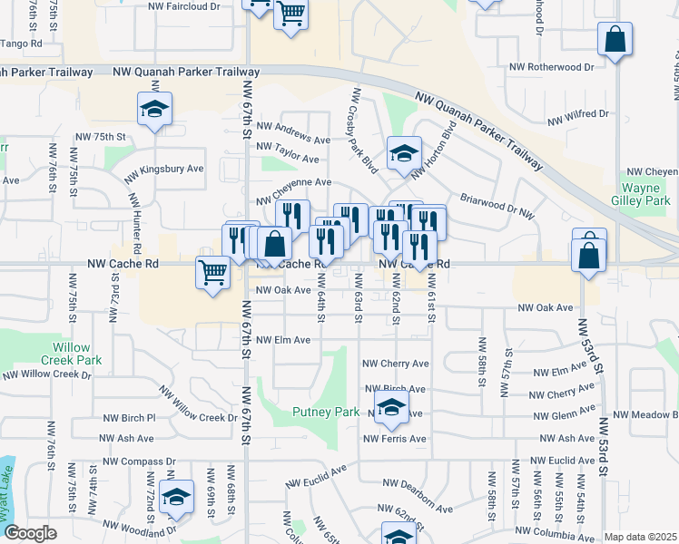 map of restaurants, bars, coffee shops, grocery stores, and more near 6312 Northwest Cache Road in Lawton