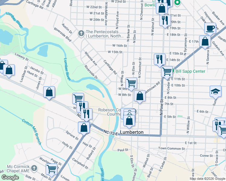 map of restaurants, bars, coffee shops, grocery stores, and more near 805 Caldwell St in Lumberton