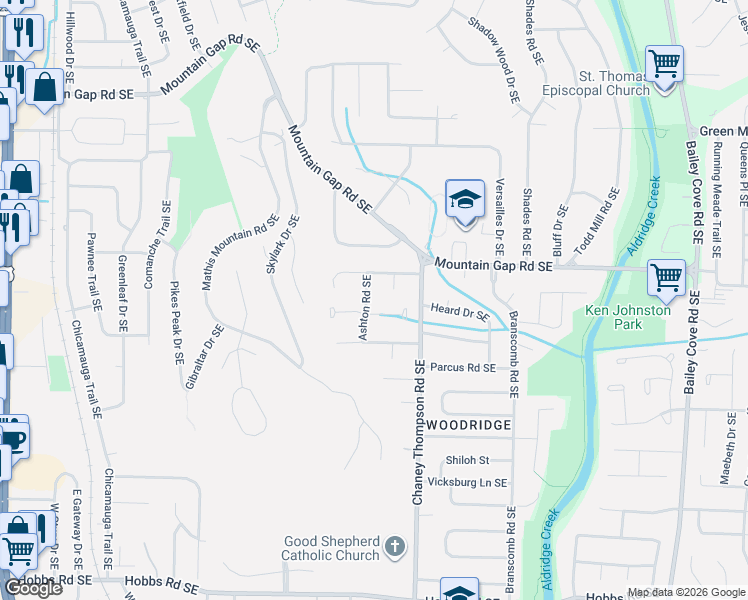map of restaurants, bars, coffee shops, grocery stores, and more near 12007 Ashton Road Southeast in Huntsville