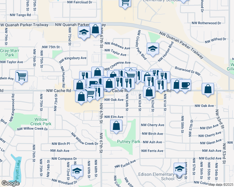 map of restaurants, bars, coffee shops, grocery stores, and more near 6410 Northwest Cache Road in Lawton