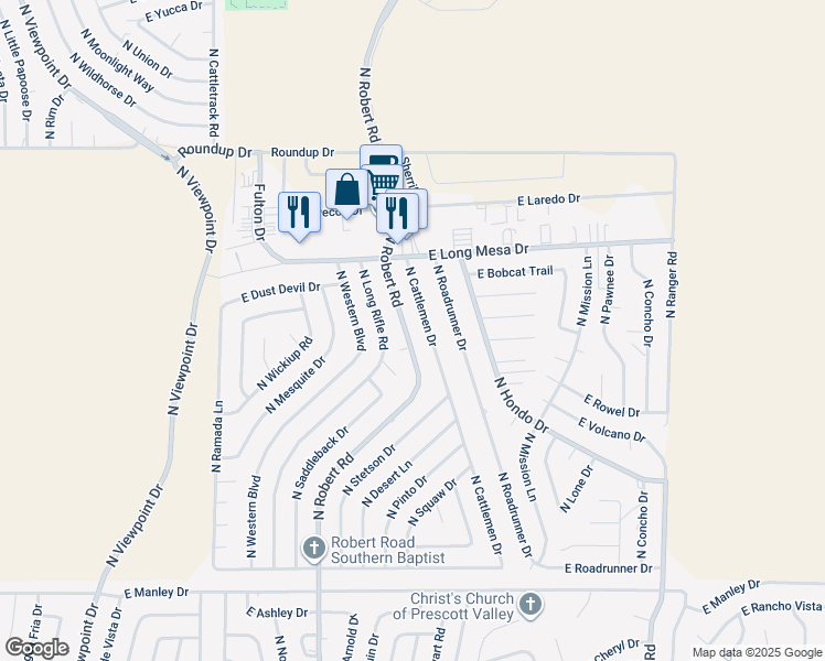 map of restaurants, bars, coffee shops, grocery stores, and more near 5519 North Robert Road in Prescott Valley