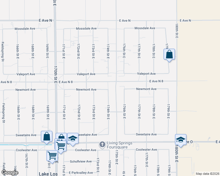 map of restaurants, bars, coffee shops, grocery stores, and more near 17365 Newmont Avenue in Lancaster