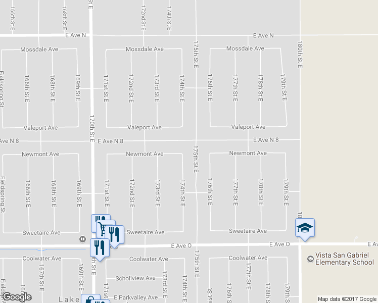 map of restaurants, bars, coffee shops, grocery stores, and more near 17365 Newmont Avenue in Lancaster