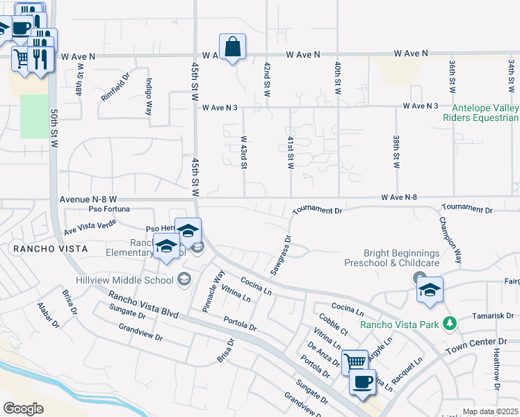 map of restaurants, bars, coffee shops, grocery stores, and more near 40744 Palmwood Court in Palmdale