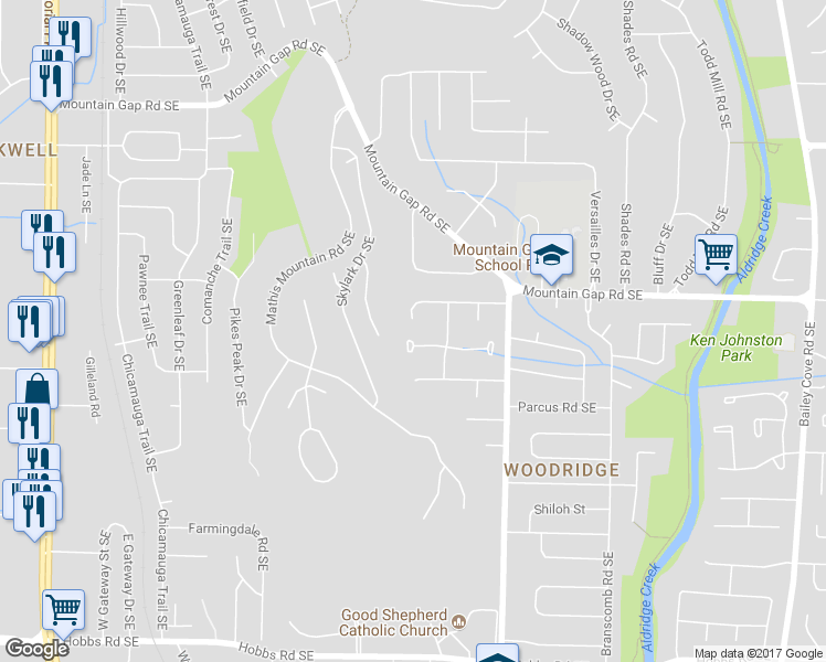 map of restaurants, bars, coffee shops, grocery stores, and more near 707 Halstead Court Southeast in Huntsville