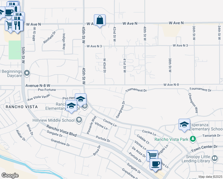 map of restaurants, bars, coffee shops, grocery stores, and more near 40744 Palmwood Court in Palmdale