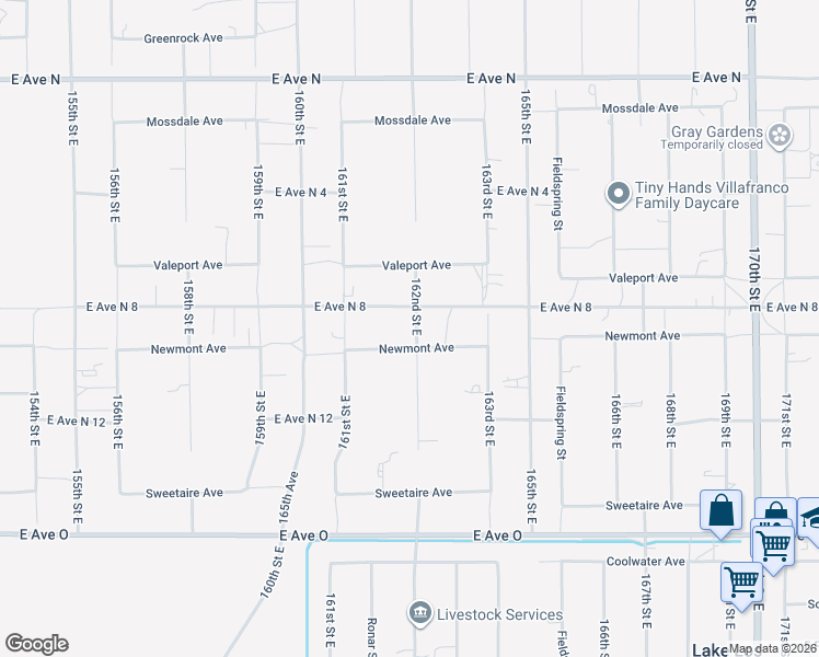 map of restaurants, bars, coffee shops, grocery stores, and more near 16173 Newmont Avenue in Lake Los Angeles