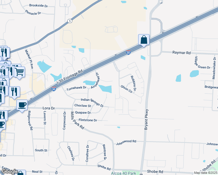 map of restaurants, bars, coffee shops, grocery stores, and more near 208 Quapaw Drive in Bryant