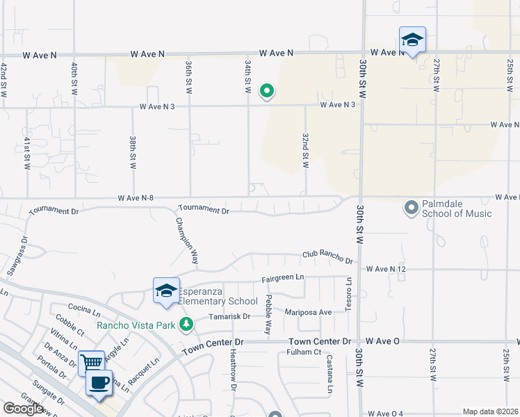 map of restaurants, bars, coffee shops, grocery stores, and more near 40736 Turnberry Court in Palmdale