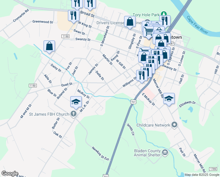 map of restaurants, bars, coffee shops, grocery stores, and more near Church Street in Elizabethtown