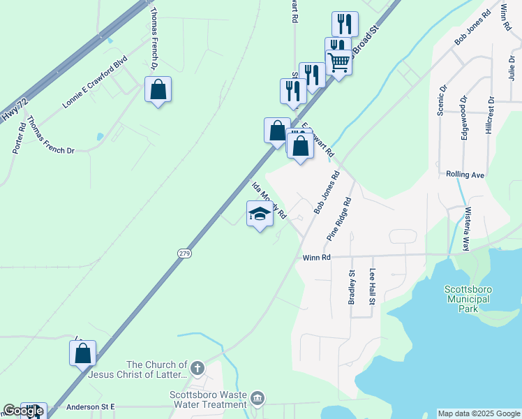 map of restaurants, bars, coffee shops, grocery stores, and more near 202 Ida Moody Road in Scottsboro