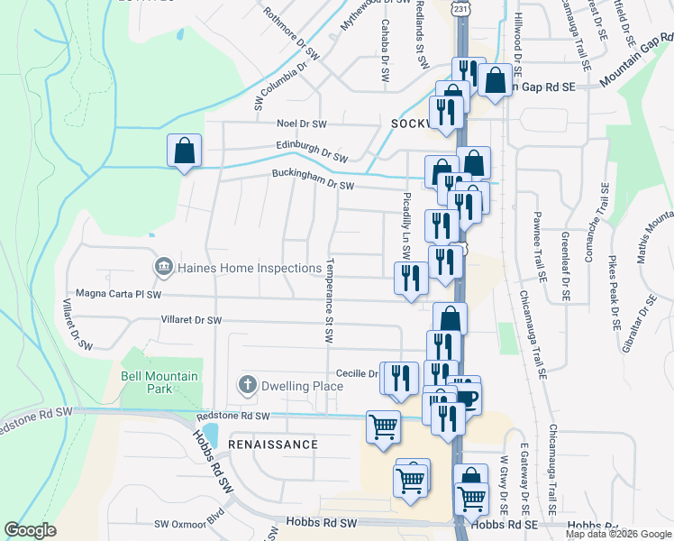 map of restaurants, bars, coffee shops, grocery stores, and more near 2115 Britain Avenue Southwest in Huntsville