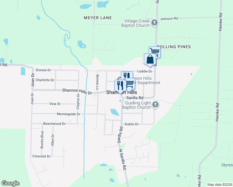 map of restaurants, bars, coffee shops, grocery stores, and more near in Shannon Hills