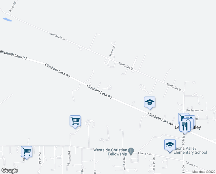 map of restaurants, bars, coffee shops, grocery stores, and more near 9645 Elizabeth Lake Road in Leona Valley