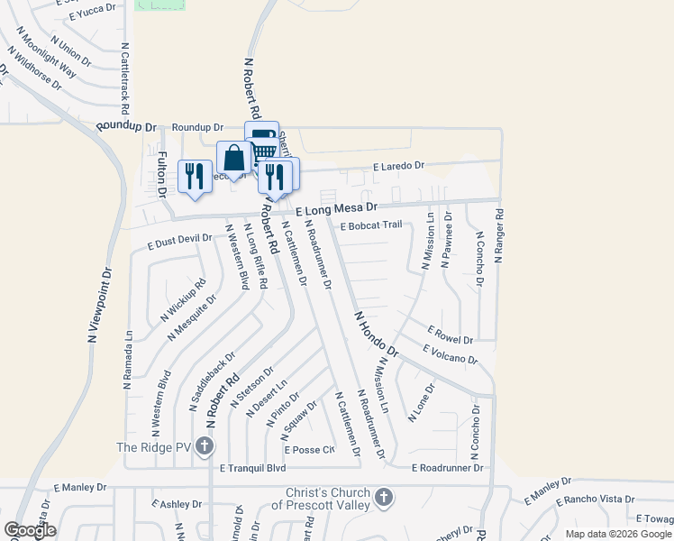 map of restaurants, bars, coffee shops, grocery stores, and more near 8560 East Stirrup Way in Prescott Valley