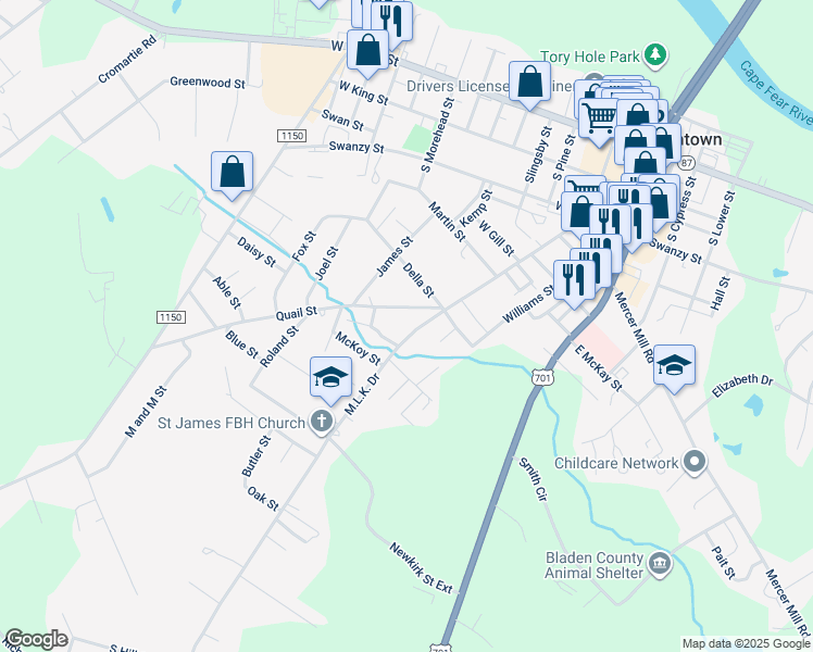 map of restaurants, bars, coffee shops, grocery stores, and more near 1006 Martin Luther King Junior Drive in Bladenboro