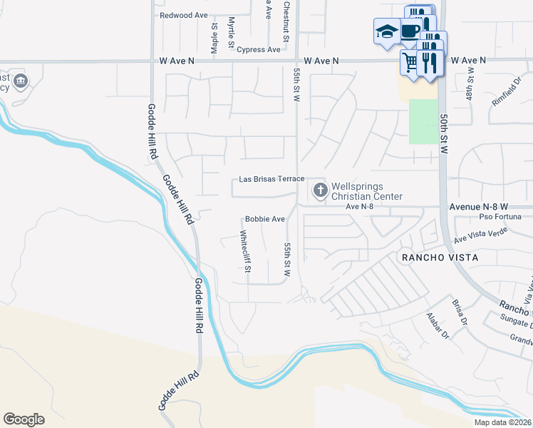 map of restaurants, bars, coffee shops, grocery stores, and more near 5549 Bobbie Avenue in Palmdale